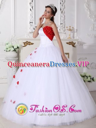Douglassville Pennsylvania/PA White and Red Sweethear Neckline Quinceanera Dress t With Satin Appliques Decorate