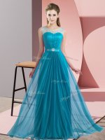 Fancy Teal Sleeveless Chiffon Lace Up Damas Dress for Wedding Party