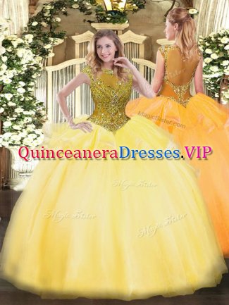 Decent Gold Cap Sleeves Floor Length Beading and Appliques Zipper Quinceanera Dress