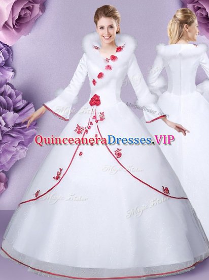 Pretty High-neck Long Sleeves Quince Ball Gowns Floor Length Embroidery and Hand Made Flower White Tulle and Lace - Click Image to Close