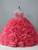 Pretty Coral Red Sleeveless Fabric With Rolling Flowers Brush Train Lace Up Quinceanera Dress for Sweet 16 and Quinceanera
