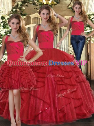 Sophisticated Floor Length Red Sweet 16 Dresses Tulle Sleeveless Ruffles