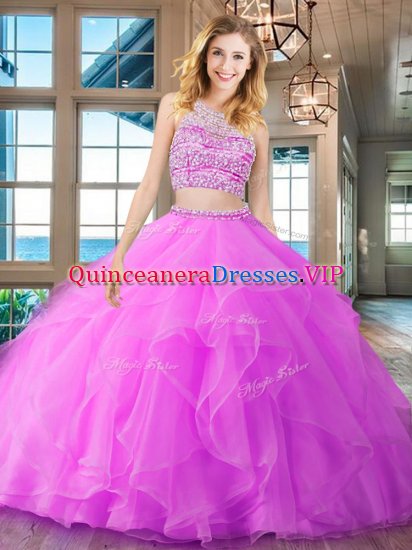 Affordable Fuchsia Quinceanera Gown Military Ball and Sweet 16 and Quinceanera with Beading and Ruffles Scoop Sleeveless Brush Train Backless - Click Image to Close