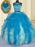 Affordable Scoop Floor Length Two Pieces Sleeveless Blue And White Quince Ball Gowns Zipper