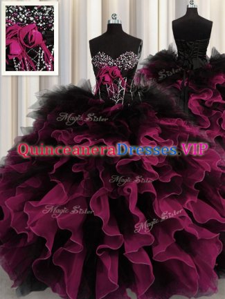 Sweetheart Sleeveless Sweet 16 Quinceanera Dress Floor Length Beading and Ruffles Red And Black Organza and Tulle