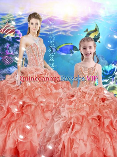 Watermelon Red Ball Gowns Sweetheart Sleeveless Organza Floor Length Lace Up Beading and Ruffles Sweet 16 Quinceanera Dress - Click Image to Close