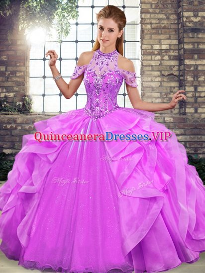Lilac Lace Up Quinceanera Dress Beading and Ruffles Sleeveless Floor Length - Click Image to Close