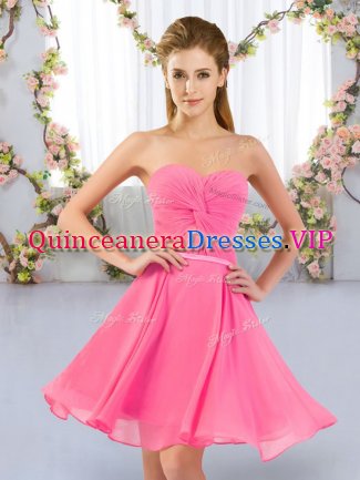Sleeveless Chiffon Mini Length Lace Up Vestidos de Damas in Rose Pink with Ruching