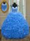 Straps Blue Organza Zipper Ball Gown Prom Dress Sleeveless Floor Length Beading and Ruffles