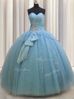 Adorable Baby Blue Tulle Lace Up Sweetheart Sleeveless Floor Length Sweet 16 Dresses Beading and Sequins and Bowknot