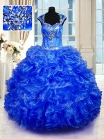 Beauteous Royal Blue Lace Up Straps Beading and Ruffles Quinceanera Gown Organza Cap Sleeves