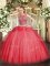Coral Red Lace Up Scoop Beading and Ruffles Quinceanera Gowns Tulle Sleeveless