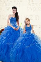 Low Price Organza Sweetheart Sleeveless Lace Up Beading and Ruffles Quince Ball Gowns in Royal Blue