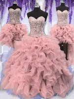 Comfortable Four Piece Sequins Sweetheart Sleeveless Lace Up Sweet 16 Dress Pink Organza