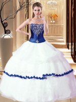 White and Royal Blue Strapless Lace Up Beading and Ruffled Layers Quince Ball Gowns Sleeveless