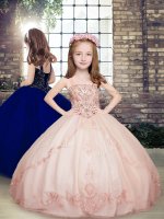 Pink Tulle Lace Up Little Girl Pageant Gowns Sleeveless Floor Length Beading(SKU PAG1250-16BIZ)