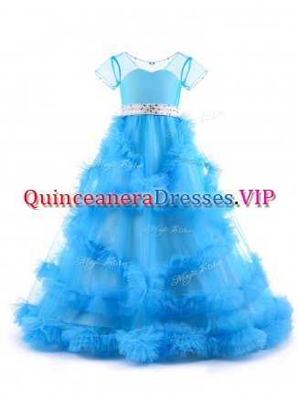 Charming V-neck Short Sleeves Backless Teens Party Dress Baby Blue Tulle