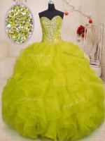 Yellow Green Organza Lace Up Sweetheart Sleeveless Floor Length Quince Ball Gowns Beading and Ruffles