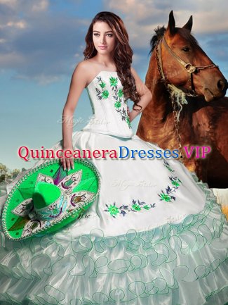 Artistic White Organza Lace Up Ball Gown Prom Dress Sleeveless Floor Length Embroidery and Ruffled Layers