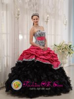 Aque Blue and Black Zebra Ruffles and Sash Safford strapless Quinceanera Dresses With Pick-ups For Graduation in West Warwick Rhode Island/RI