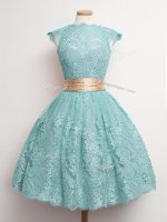 Knee Length Aqua Blue Quinceanera Court Dresses High-neck Cap Sleeves Lace Up