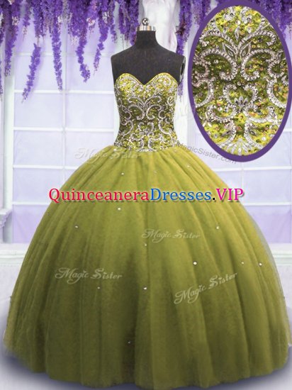 Sleeveless Tulle Floor Length Lace Up Quinceanera Dress in Olive Green with Beading and Appliques - Click Image to Close