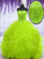 Enchanting Yellow Green Strapless Lace Up Beading and Appliques and Ruffles Vestidos de Quinceanera Brush Train Sleeveless