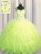 See Through Zipper Up Yellow Green Sleeveless Beading and Ruffles Floor Length 15 Quinceanera Dress