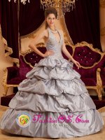 Appliques With Beading Decorate Bodice Romantic Gray Halter Taffeta Ball Gown Quinceanera Dress In Escalante Utah/UT(SKU QDZY163J9BIZ)