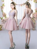 Pink A-line V-neck Sleeveless Tulle Mini Length Lace Up Appliques Damas Dress(SKU BMT0522BIZ)