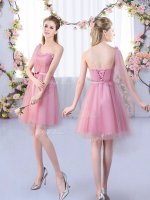 Luxurious Pink Tulle Lace Up Quinceanera Dama Dress Sleeveless Mini Length Appliques and Belt