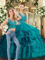 Cheap Teal Sleeveless Organza Sweep Train Backless Sweet 16 Quinceanera Dress for Sweet 16 and Quinceanera
