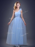 Flare One Shoulder Light Blue Sleeveless Tulle Lace Up Quinceanera Court of Honor Dress for Prom and Party and Wedding Party