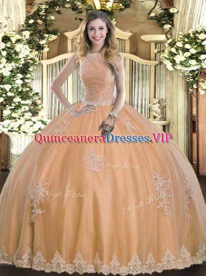 Tulle High-neck Sleeveless Lace Up Beading and Appliques Military Ball Dresses For Women in Peach - Click Image to Close