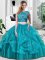 Lace and Embroidery and Ruffles Quinceanera Gown Teal Zipper Sleeveless Floor Length