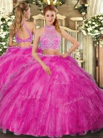 Top Selling Beading Quinceanera Dresses Hot Pink Criss Cross Sleeveless Floor Length