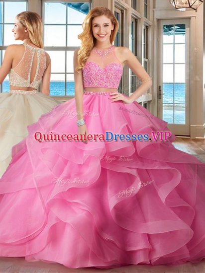Baby Pink Lace Up High-neck Beading and Ruffles Quinceanera Gown Organza Sleeveless Brush Train - Click Image to Close