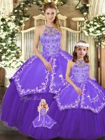 Halter Top Sleeveless Sweet 16 Quinceanera Dress Floor Length Beading and Embroidery Purple Satin and Tulle