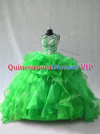 Sleeveless Organza Lace Up Quinceanera Gown in Green with Beading and Ruffles