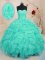 Custom Designed Sleeveless Organza Floor Length Lace Up 15 Quinceanera Dress in Turquoise with Beading and Ruffles and Hand Made Flower