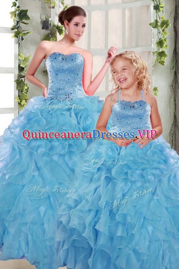 Excellent Sweetheart Sleeveless Sweet 16 Dresses Floor Length Beading and Ruffles Aqua Blue Organza - Click Image to Close