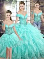 Custom Design Sleeveless Beading and Ruffles Lace Up Sweet 16 Dresses with Aqua Blue Brush Train