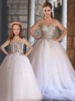 White Tulle Lace Up Quinceanera Dresses Sleeveless Floor Length Appliques