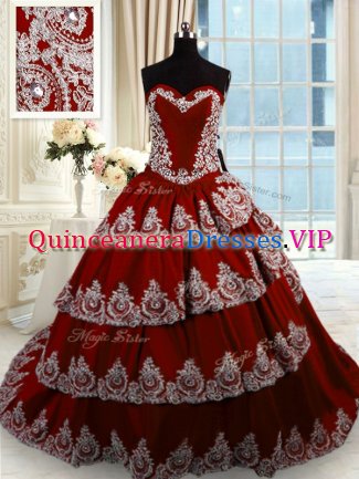 Fabulous Sleeveless With Train Beading and Appliques and Ruffled Layers Lace Up 15th Birthday Dress with Wine Red Court Train