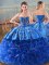 Royal Blue Ball Gowns Sweetheart Sleeveless Fabric With Rolling Flowers Brush Train Lace Up Embroidery and Ruffles Quinceanera Gown