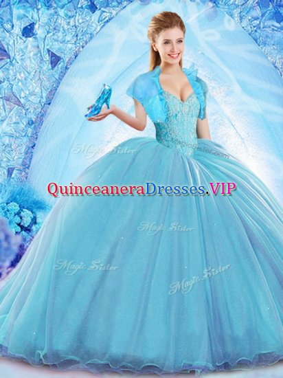 Edgy Baby Blue Lace Up Quinceanera Gown Beading Sleeveless Sweep Train - Click Image to Close