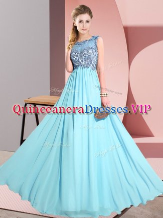Floor Length Backless Vestidos de Damas Aqua Blue for Wedding Party with Beading and Appliques
