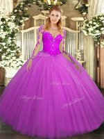 Fuchsia Quinceanera Gowns Military Ball and Sweet 16 and Quinceanera with Lace Scoop Long Sleeves Lace Up