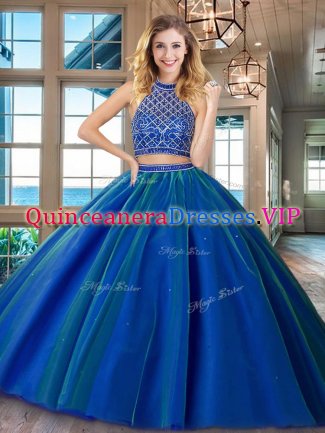 Fashion Two Piece HalterHalter Top Beading Sweet 16 Dress Royal Blue Backless Sleeveless Brush Train