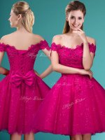 Knee Length Fuchsia Court Dresses for Sweet 16 Tulle Cap Sleeves Lace and Belt(SKU BMT0196-8BIZ)